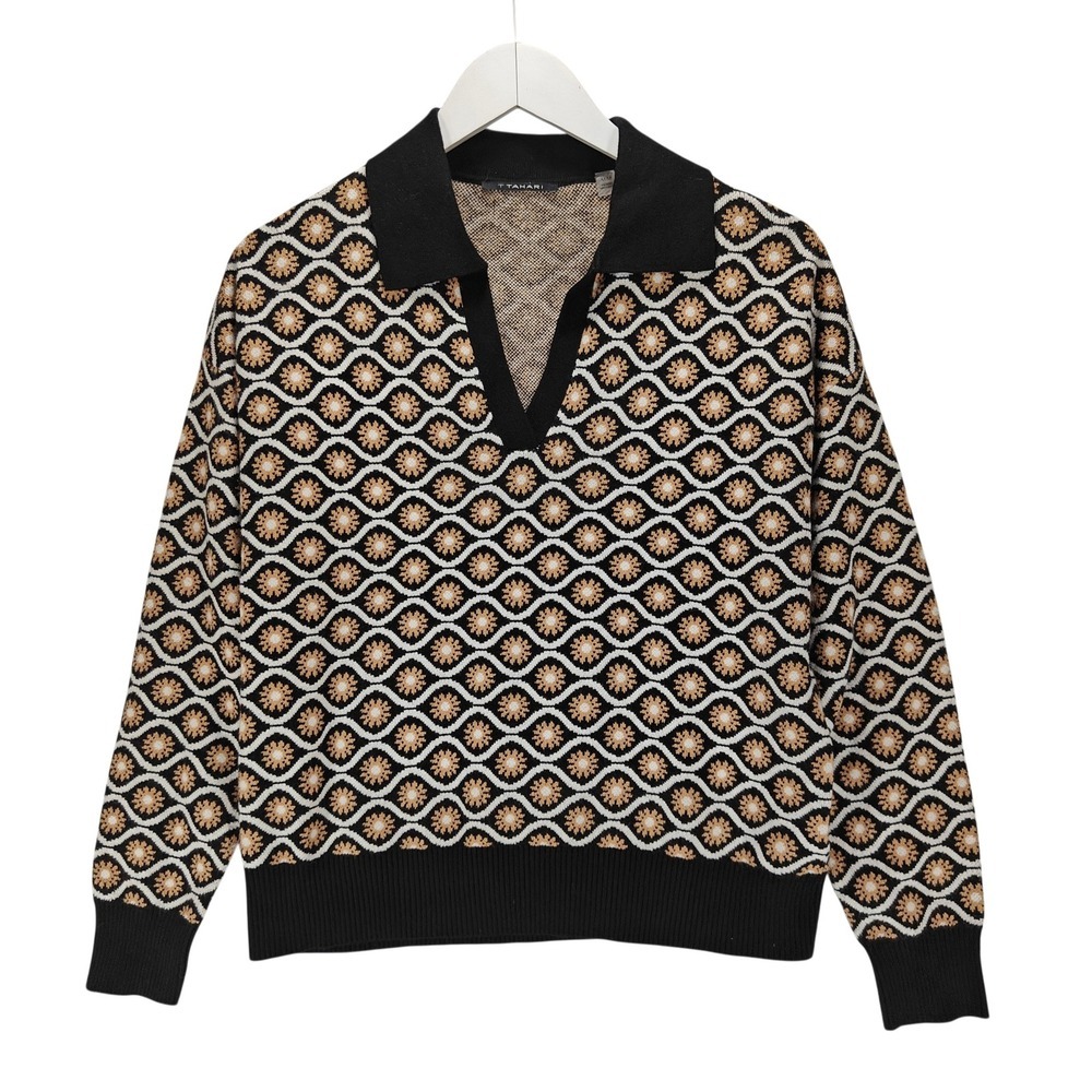 T Tahari Womens Geometric Floral Knit Polo Sweater Black Tan V-Neck Pullover